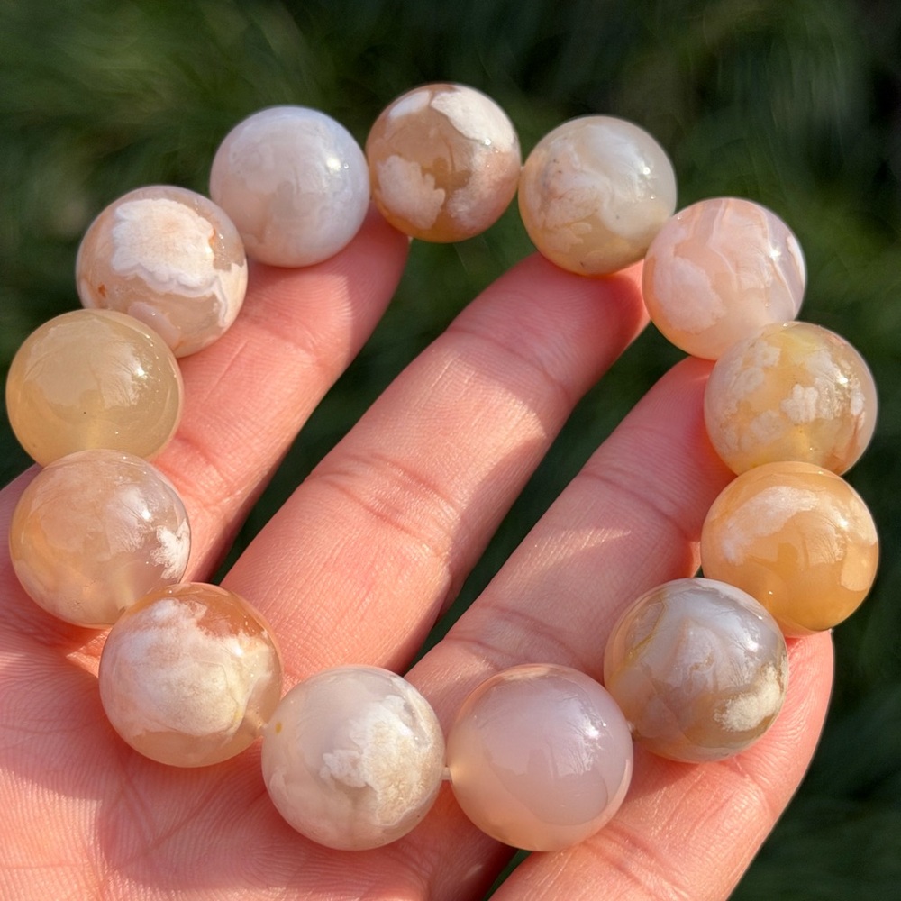 17mm chunky‎ stretchable high quality flower agate bracelet 1072